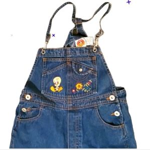 7/8 vintage embroidered Tweety Looney tubes bib denim overall jeans